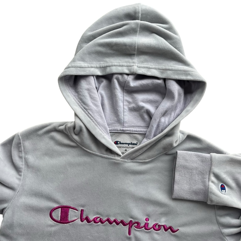 Champion Girl’s M Gray Silver Velour Pink Embroidered Logo Hoodie Sweatshirt Y2K